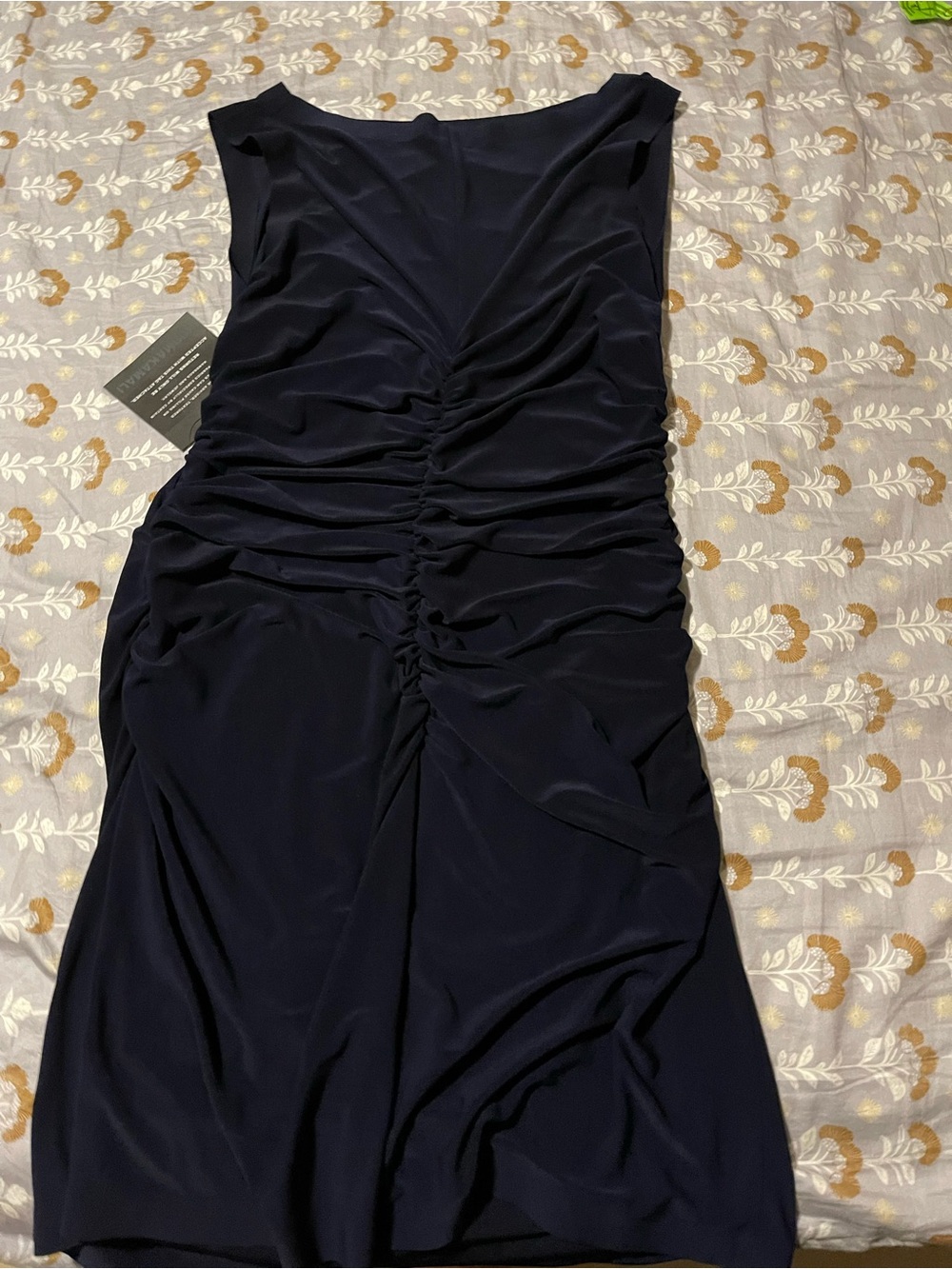 Norma Kamali Navy Ruched Sleeveless Midi Dress